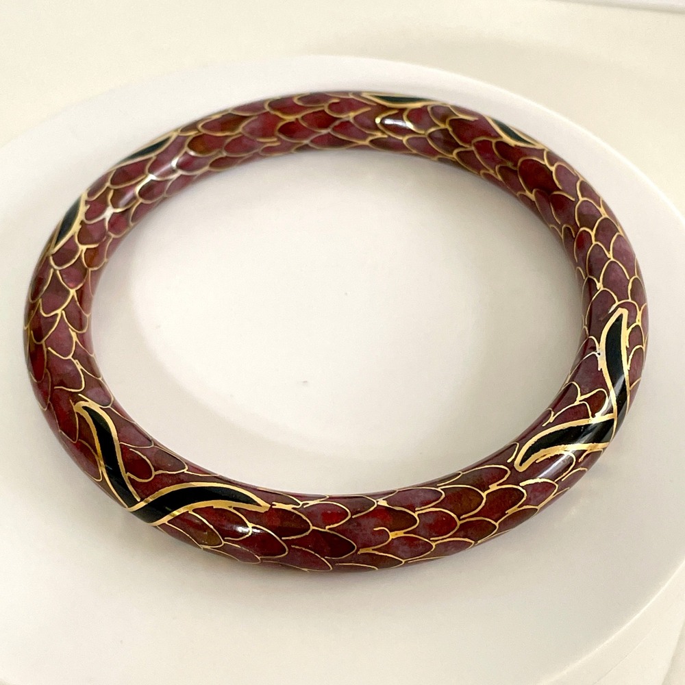 Vintage Cloisonne Enamel Bangle Bracelet Red Brown Gold Dragon Scale or Snake